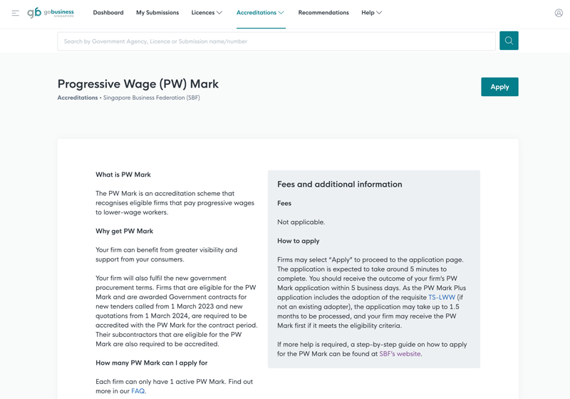PW Mark Application Page on GoBusiness Dashboard
